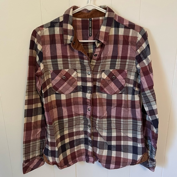 Kuhl Tops - KUHL purple, blue and cream flannel with brown corduroy accents S